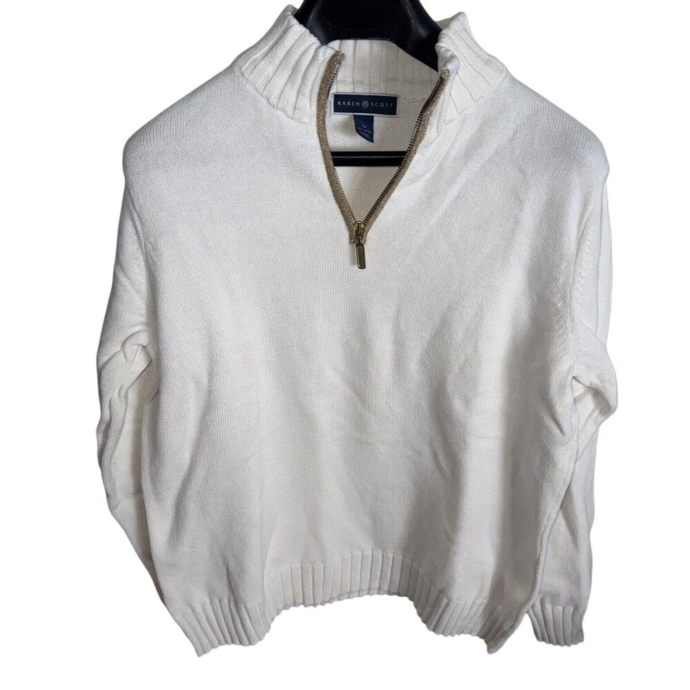 Karen Scott White Half Zip Knit Sweater Women’s XL Gold Zip